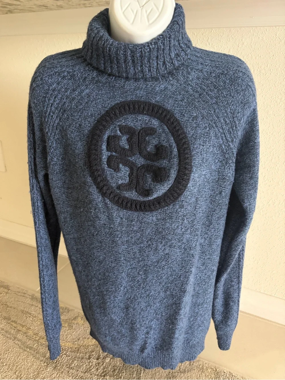 Tory Burch Slate Blue Turtleneck Sweater with Logo M